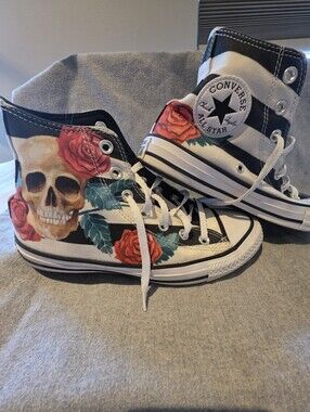 Converse Chuck Taylor All Star High Top Sneakers with Red Rose & Skull Graphic